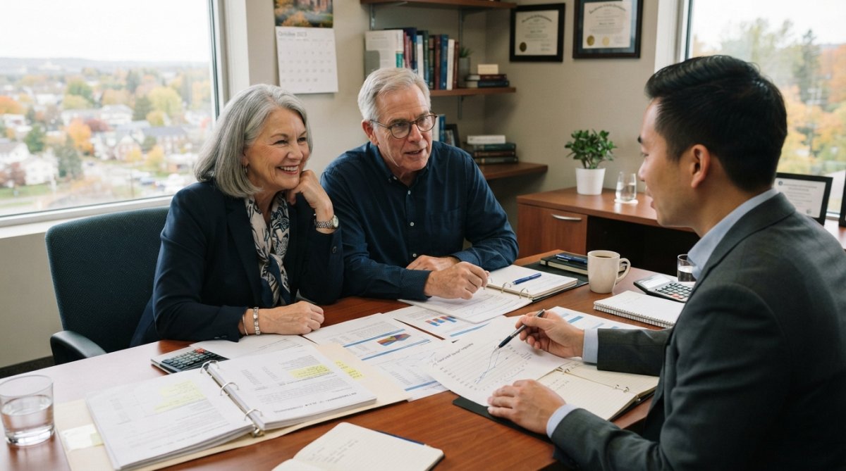 Mature couple meeting with a financial advisor at a professional desk in a modern office, reviewing retirement documents and discussing long-term financial plans with natural office lighting