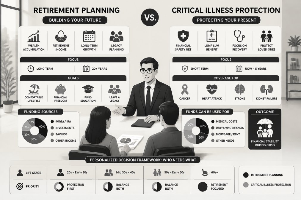 Professional demonstrating personalized retirement planning vs protection against life's biggest financial risks for critical illness preparedness technique in modern clinical setting with natural lighting