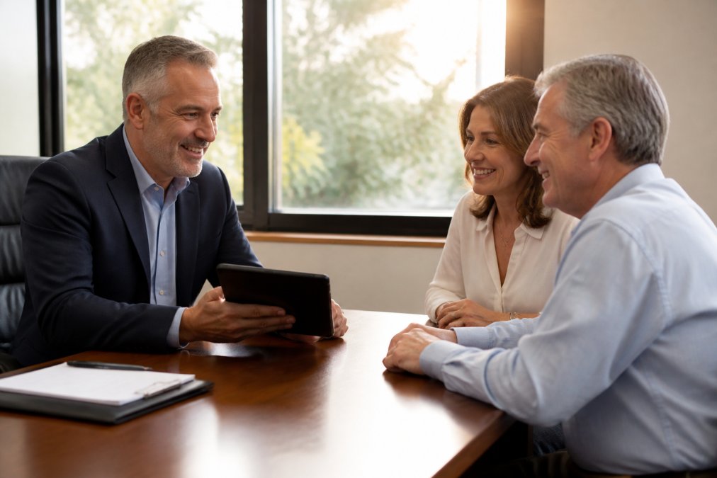 Financial advisor reviewing retirement tax planning account data with a couple on a tablet in a sunlit office