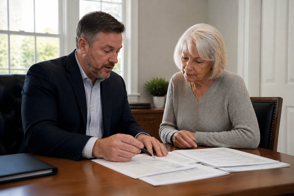 A financial advisor and client reviewing retirement account statements and planning documents at a wooden desk in a professional office with natural light streaming through windows