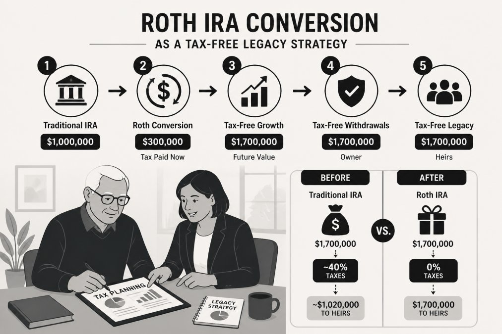 An older adult working with a financial professional, reviewing tax planning documents and legacy strategy notes together at a modern office table with natural light