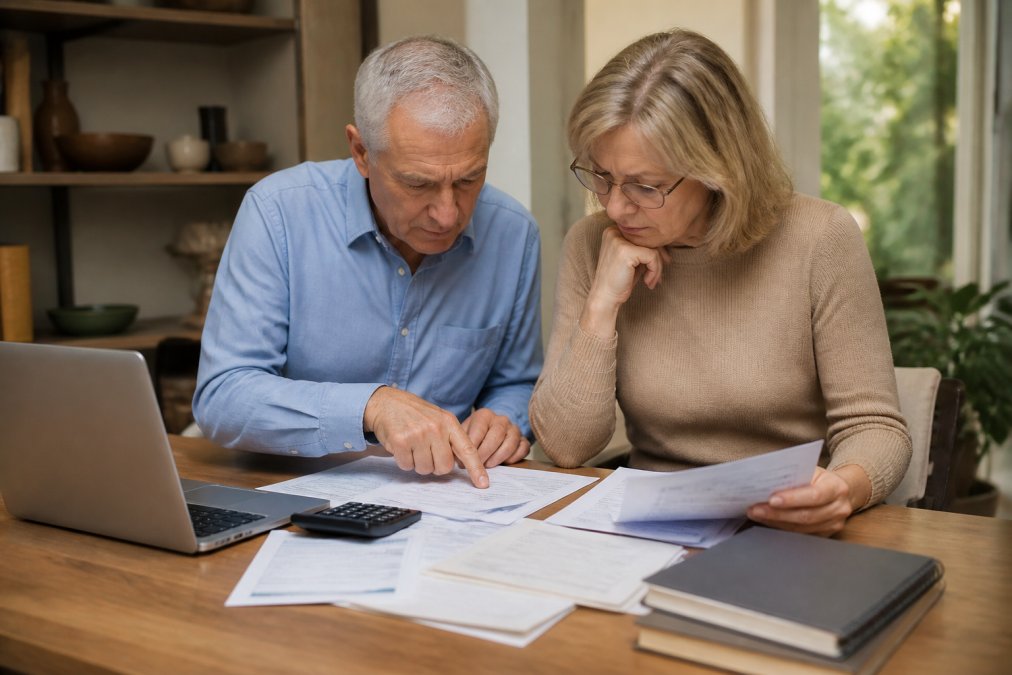 Mature married couple reviewing financial documents and retirement statements together at a home office desk with a laptop, calculator, and papers spread out in natural afternoon lighting