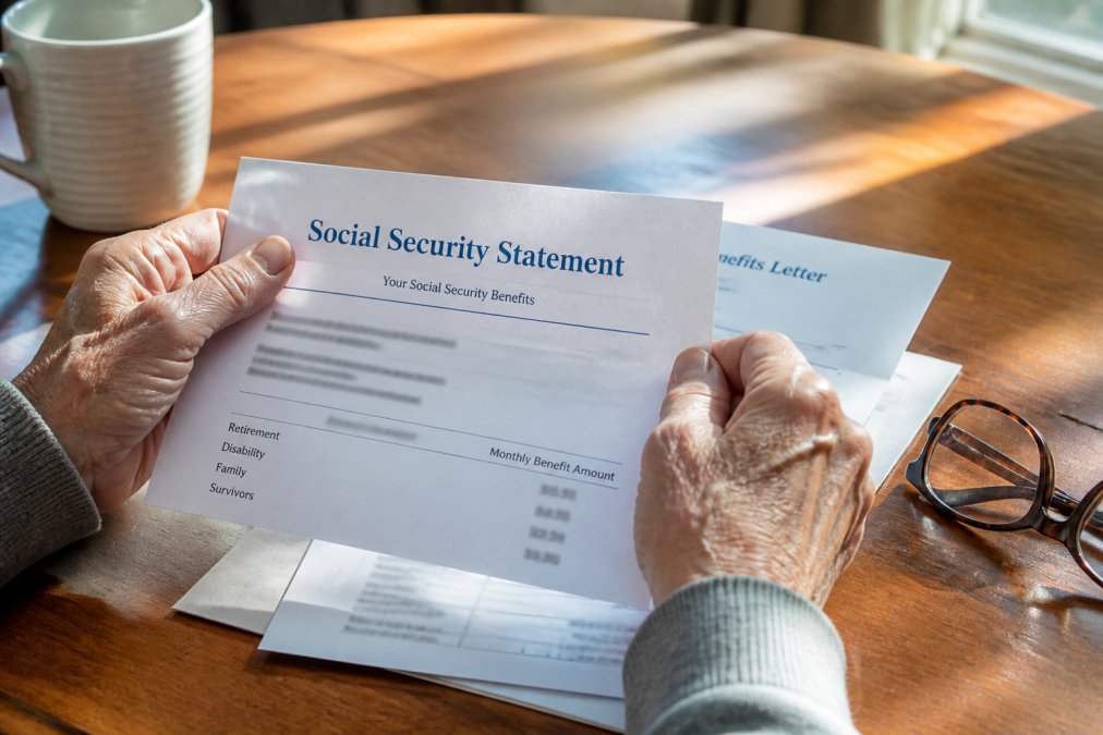 Close-up of hands holding a Social Security statement and benefits letter with reading glasses resting on the table nearby, morning sunlight streaming across the documents