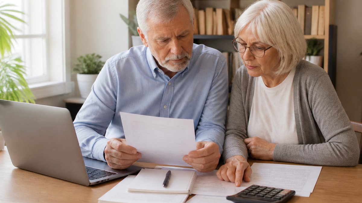 Mature couple reviewing their retirement withdrawal strategy documents and financial statements at a home desk