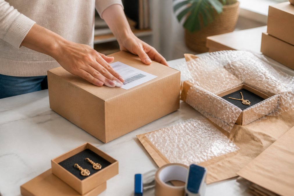 Handen voorzichtig inpakkend van een artikel in originele verpakking met gerecycled bubbeltjesplastic en kraft-papier, retourlabel duidelijk zichtbaar op de bovenkant van de doos in een heldere werkruimte