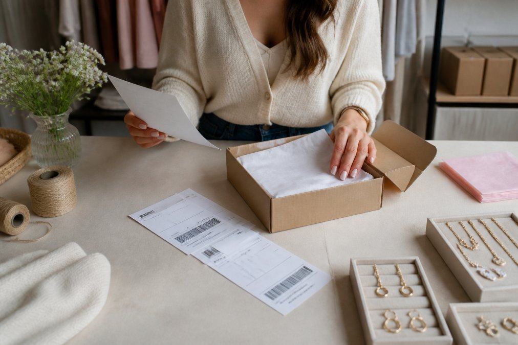 Persoon die voorzichtig een retourpakket voorbereidt met checklist, verzenddocumenten en retourlabel op een helder bureau