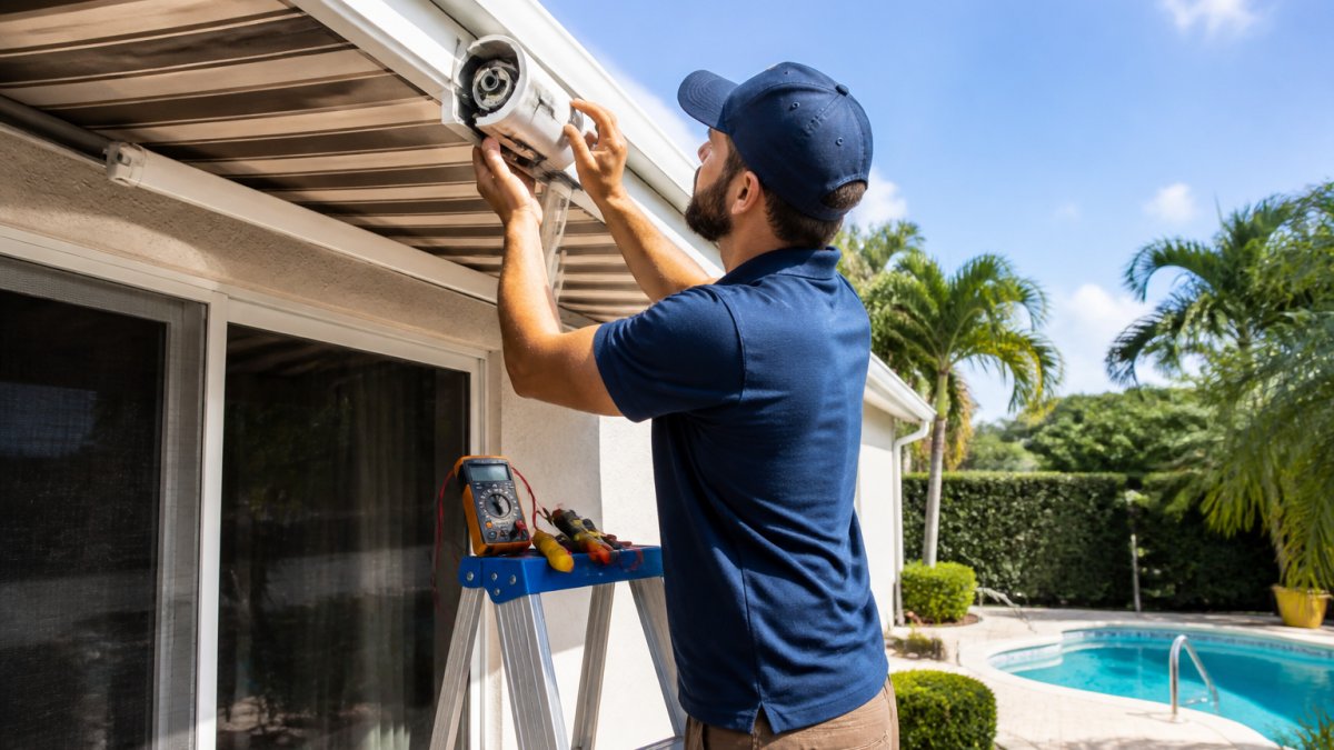 A technician on a ladder inspecting the motor housing of a retractable patio awning, tools and a multimeter nearby, bright sunny residential backyard setting