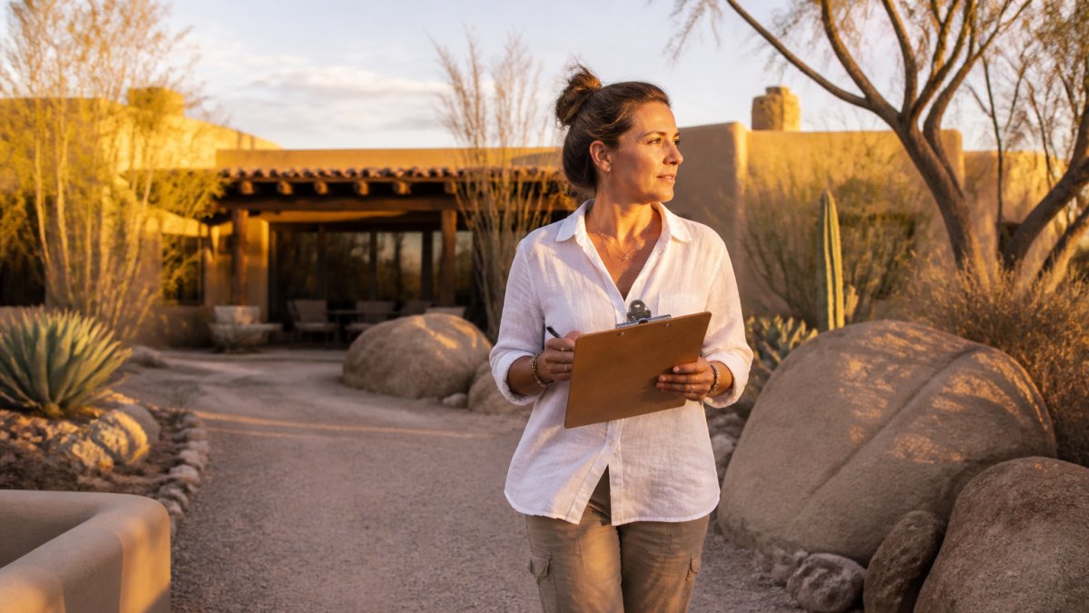 A retreat facilitator walking a quiet desert property at golden hour, checking a printed venue checklist on a clipboard, with a low villa and open sky behind her
