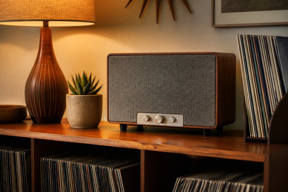 A vintage-inspired Bluetooth speaker with fabric grille and knob controls sitting on a mid-century modern shelf next to vinyl records and a potted succulent, with warm amber lamp light casting soft shadows across the wooden surface
