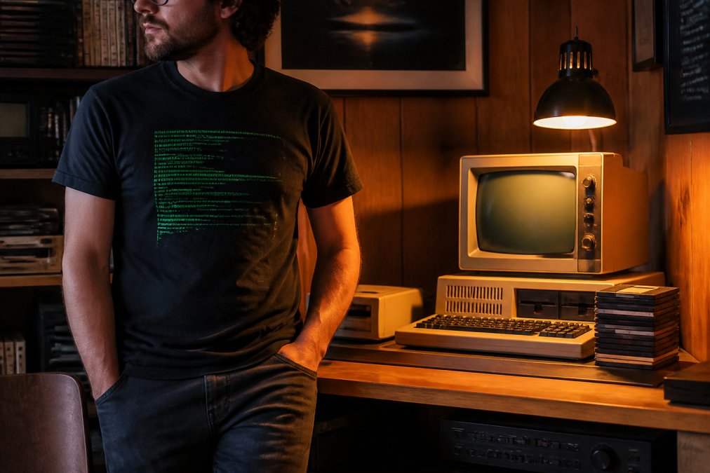 A person wearing a black retro computer graphic t-shirt with neon green phosphor text, standing in a dimly lit room next to a vintage CRT monitor and a stack of floppy disks, warm ambient glow from the screen