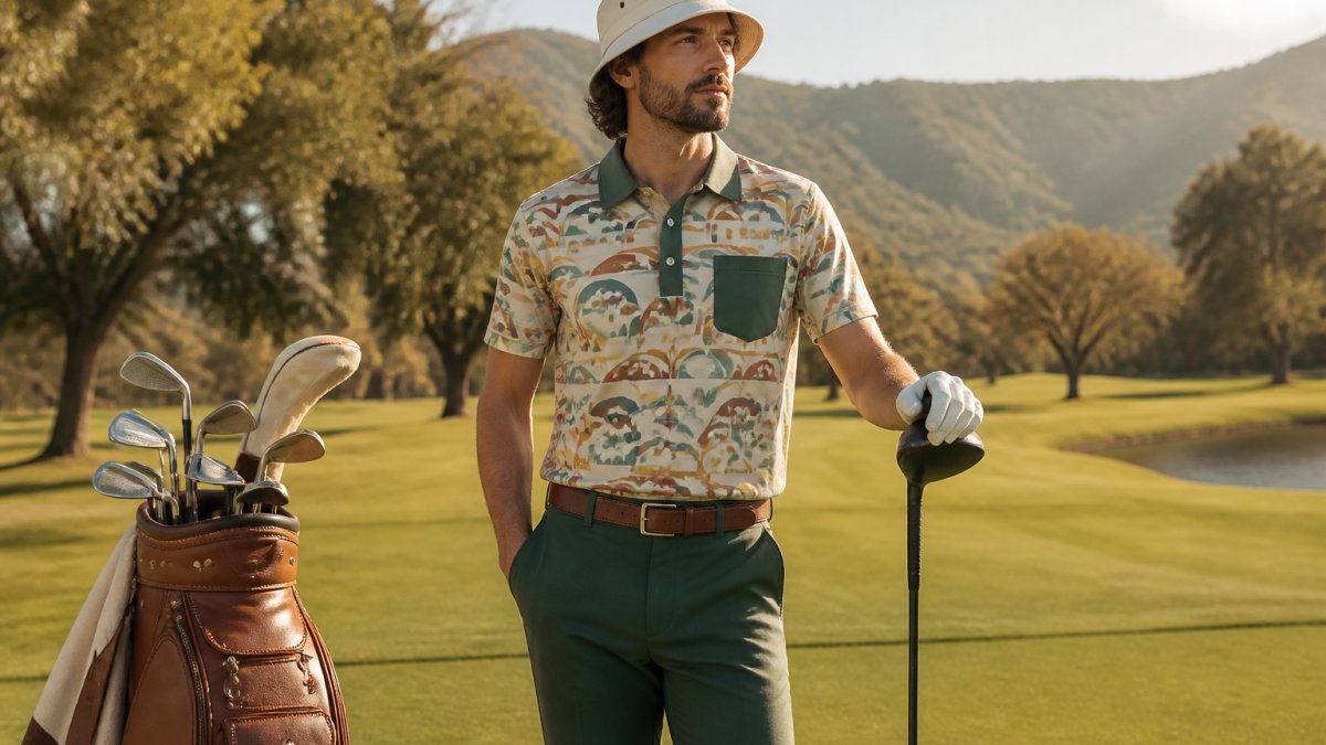 A man in his 30s wearing a retro-print golf polo and a bucket hat, standing on a sunny fairway holding a driver, with a vintage-style golf bag beside him