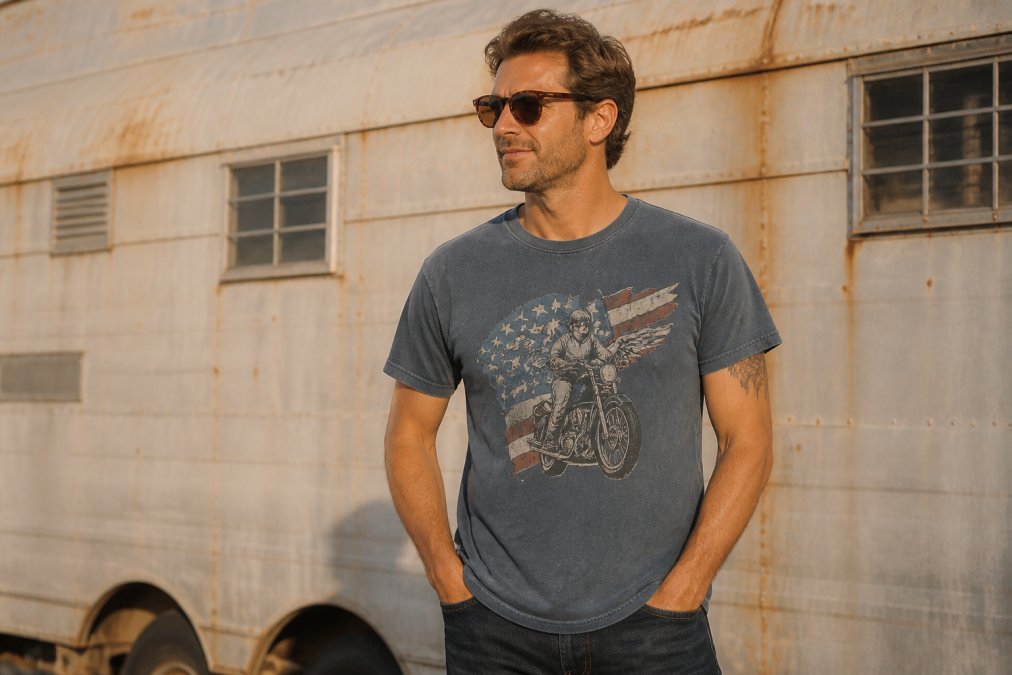 A man in his late 30s wearing a sun-faded crew neck retro graphic tee with relaxed dark jeans, standing outdoors in warm late-afternoon light with a casual, confident posture, slight smile, hands in pockets