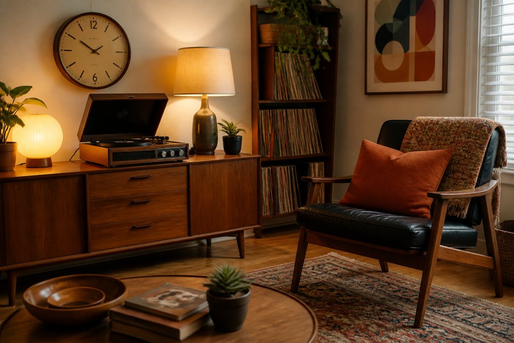Warm-lit retro den featuring a vintage record player on a wooden credenza, a round wall clock above, and a mid-century modern chair with period textiles, arranged to show cohesive styling