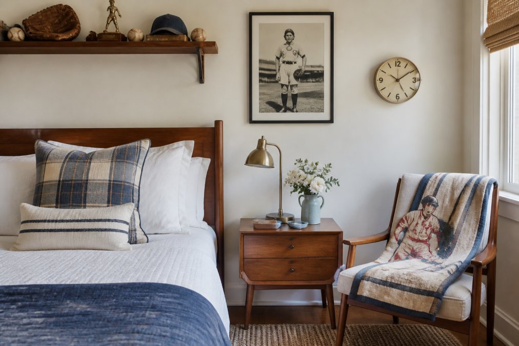 Modern bedroom featuring retro sports decor for women's spaces with vintage baseball memorabilia and soft textures.