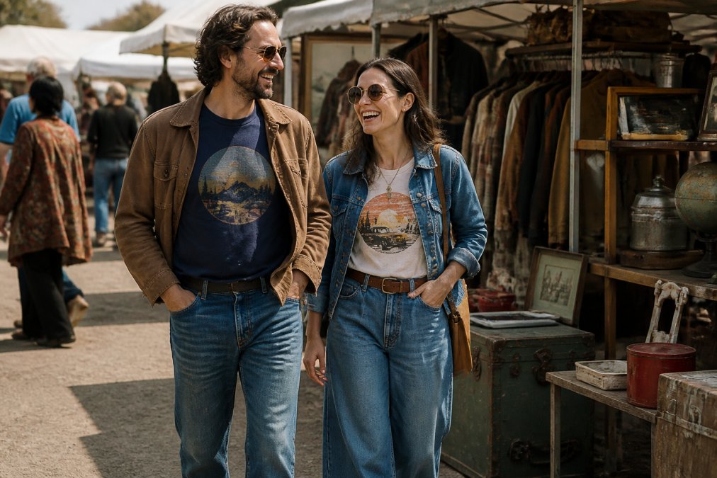 A relaxed outdoor scene of a man and woman in their 30s wearing retro graphic tees, wide-leg jeans and casual jackets, laughing together at a weekend market with vintage stalls in the background