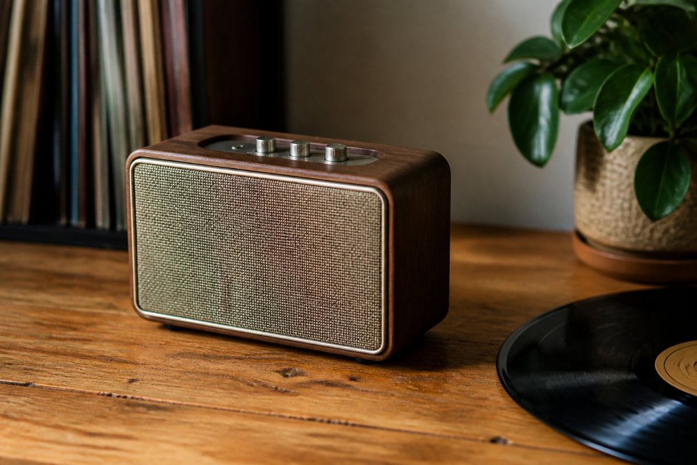 Close-up of a compact retro-style Bluetooth speaker with a fabric grille and wood veneer finish sitting on a wooden desk beside a vinyl record and a small potted plant