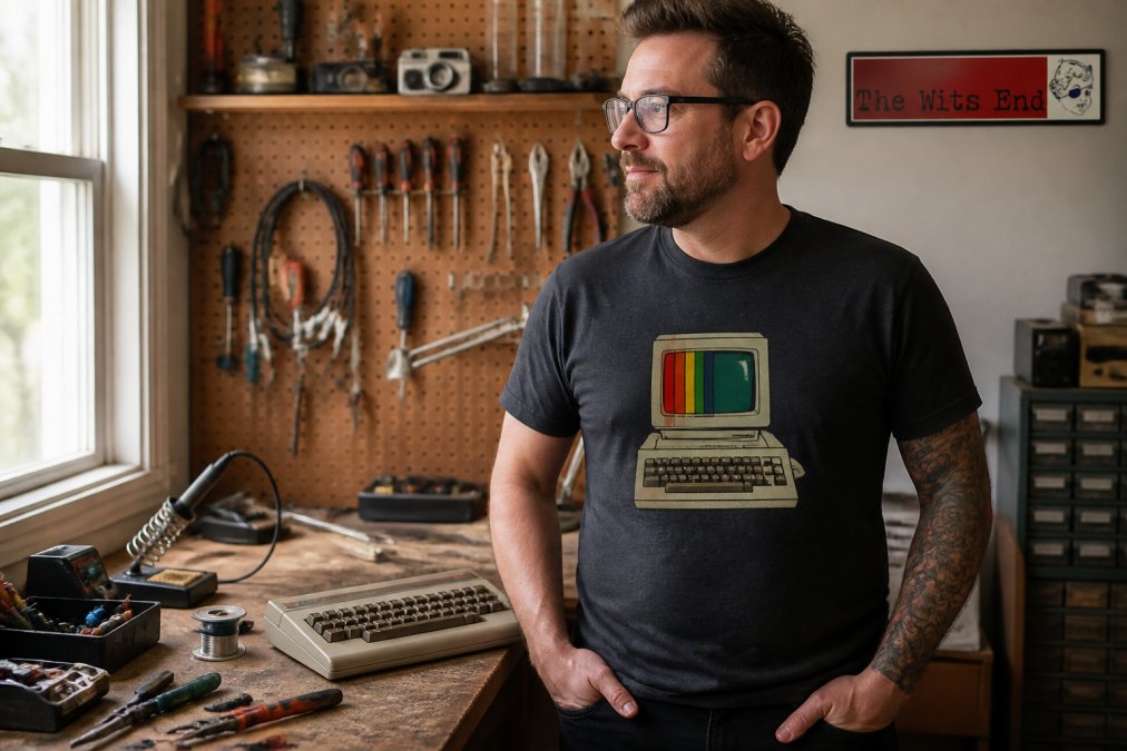 A maker in a home workshop wearing a graphic t-shirt with a retro computer design, standing beside a workbench with tools, a vintage keyboard, and a soldering iron, warm natural light from a side window