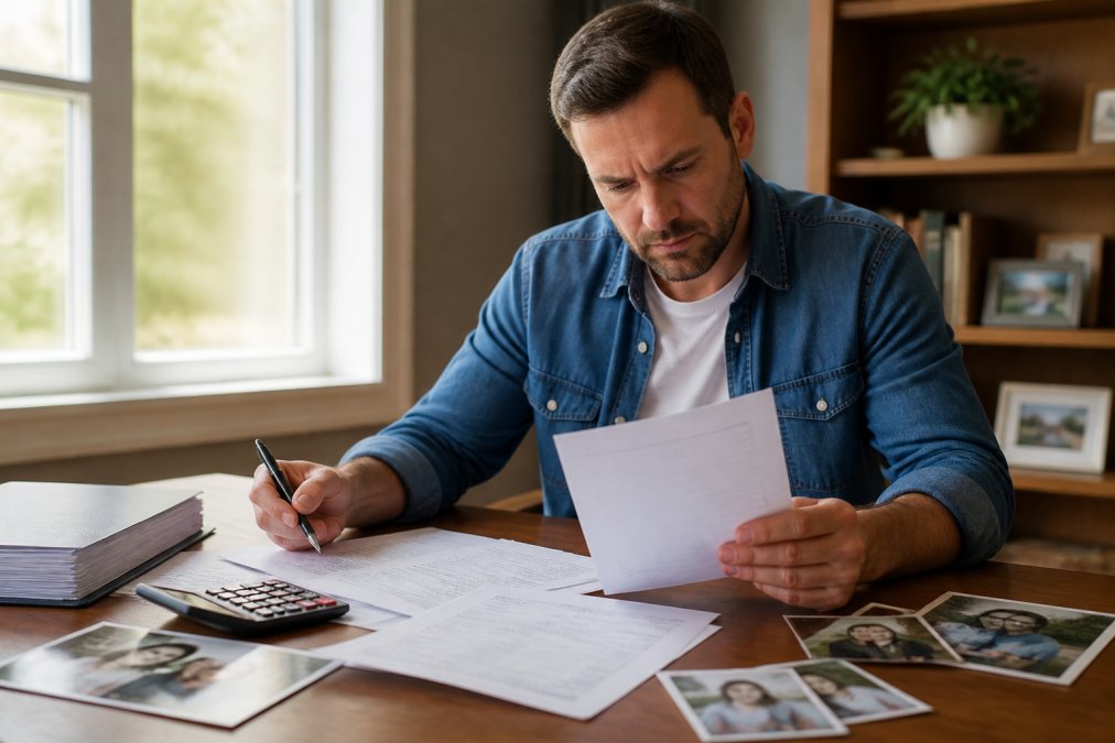 Parent sitting at a desk with legal documents, calculator, and family photos spread out, reviewing paperwork with a focused expression in a home office setting with natural window light