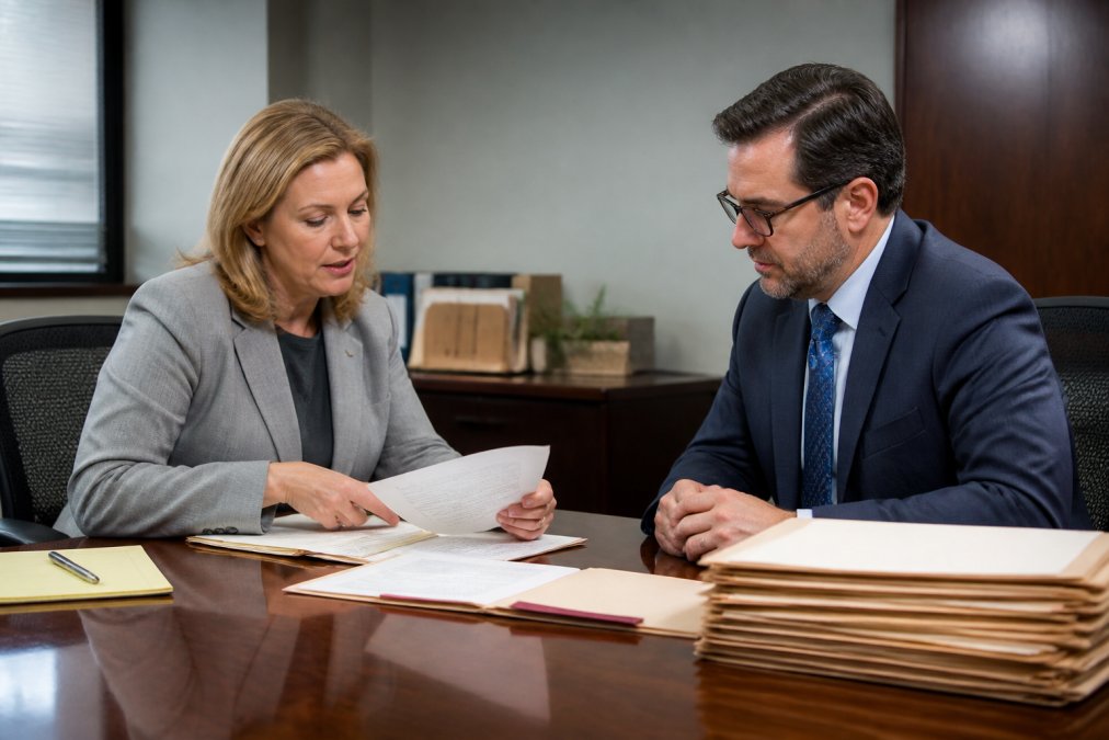 Professional meeting in a law office conference room with two people reviewing court documents and discussing case details at a table with legal files and a computer