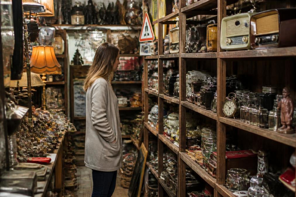 A cluttered but charming vintage store interior with shelves of bric-a-brac, old radios, and retro signs, warm lighting, a customer browsing