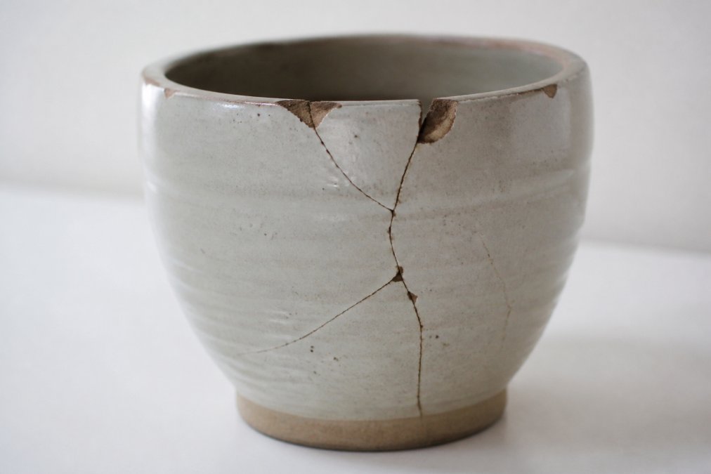 Close-up of a broken ceramic pot with visible cracks and chips along the rim and body, photographed against neutral white background with natural window lighting to highlight damage clearly