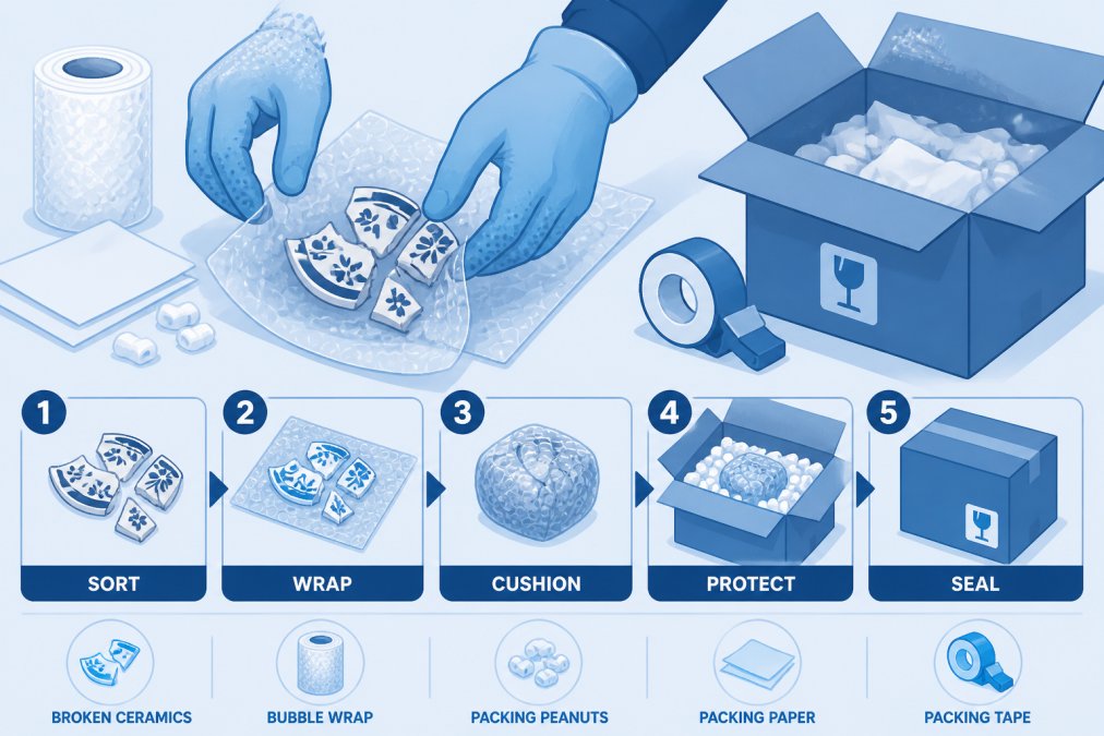 Hands wearing protective gloves carefully wrapping broken ceramic shards in layers of bubble wrap, with packing materials and a cardboard box visible on work surface, showing proper safety technique and preparation