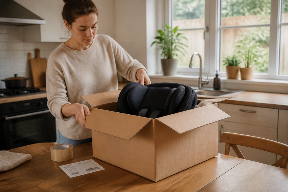 A parent at a kitchen table packing a baby car seat into its original cardboard box, with a printed return label and tape nearby, ready for courier collection