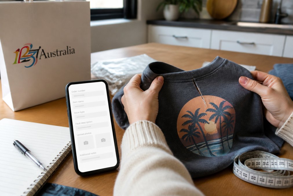 A close-up of hands holding a custom-printed t-shirt with a visible print defect, next to a smartphone showing a returns form, on a bright kitchen table