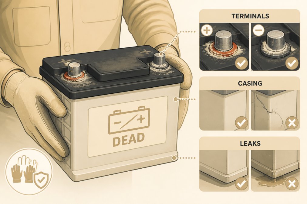 Close-up of a person wearing gloves while inspecting a dead car battery, showing the terminals and casing for damage in natural lighting
