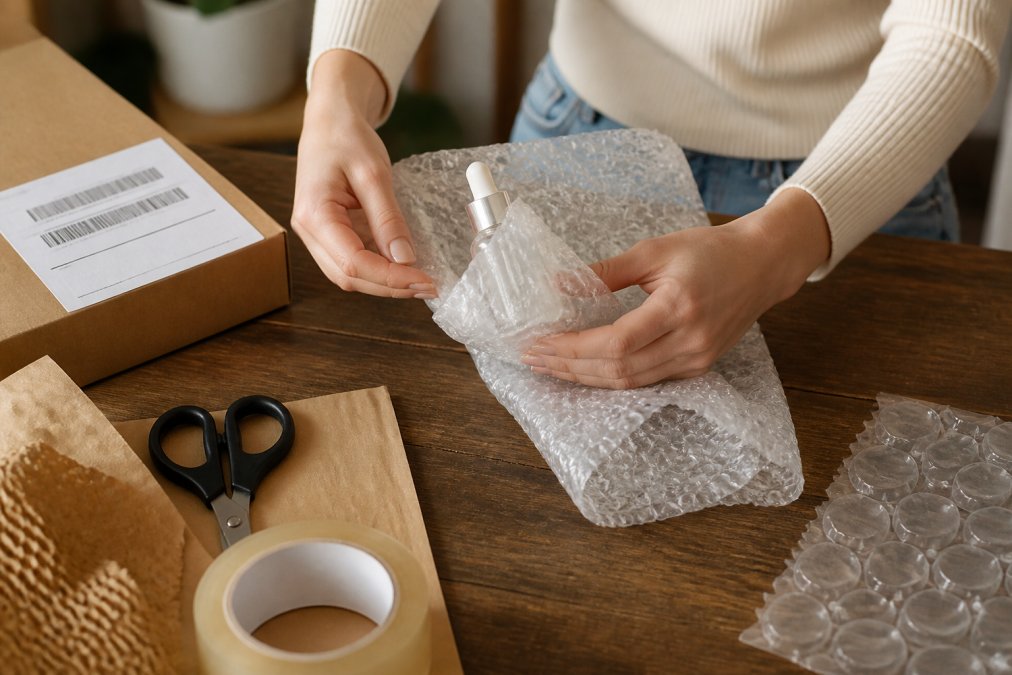 Close-up of hands carefully wrapping a glass skincare bottle in protective bubble wrap, with a printed return shipping label visible on the cardboard box beside it under bright, clean lighting