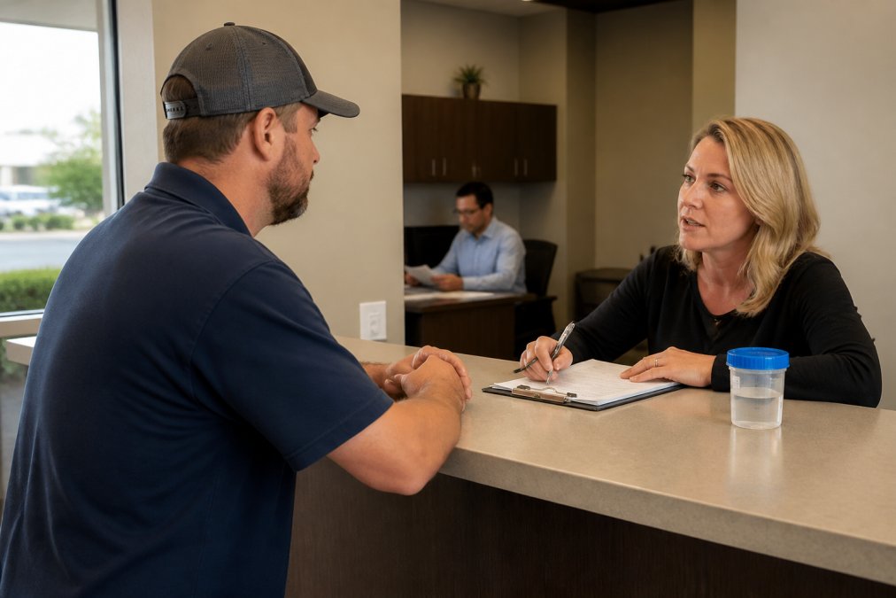 CDL driver meeting with collection specialist at professional testing facility, specimen collection cup visible on counter, medical review officer reviewing documentation in background