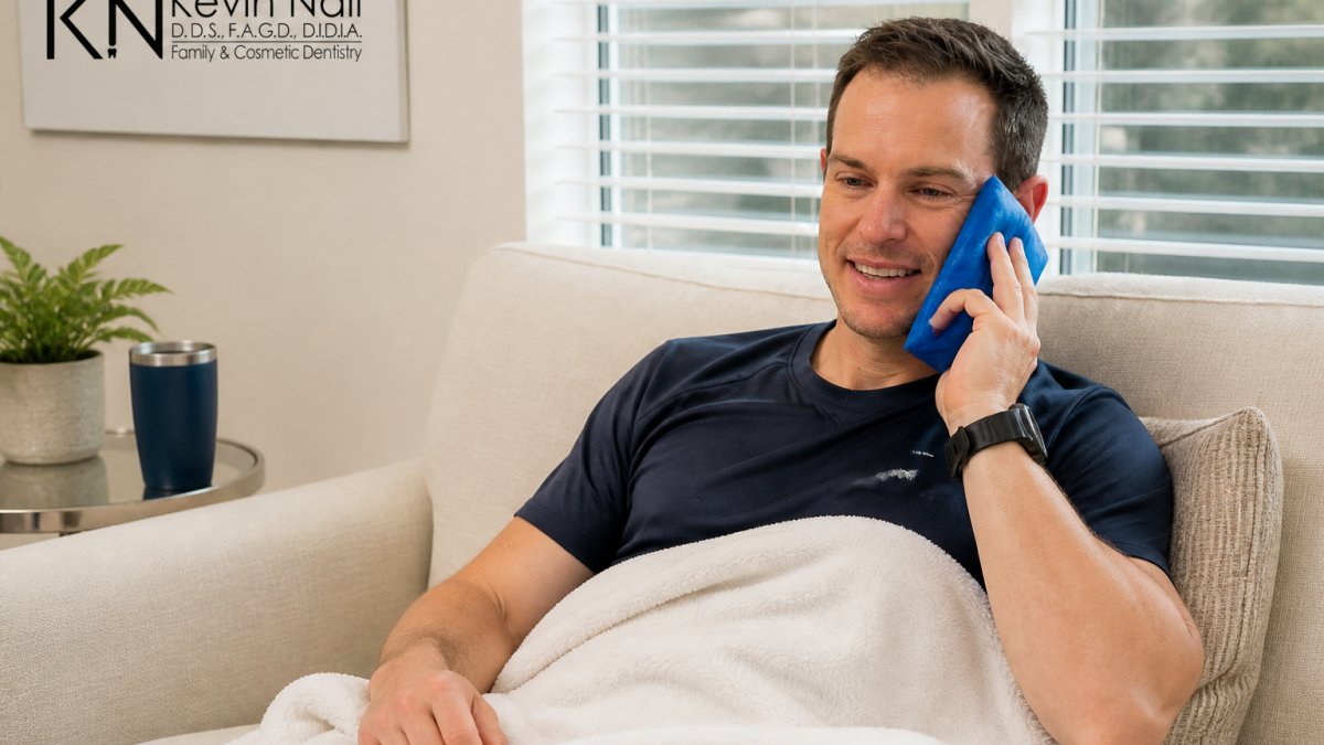 Patient resting at home on a couch with an ice pack applied to their cheek, looking comfortable and relaxed in a bright, calm living room