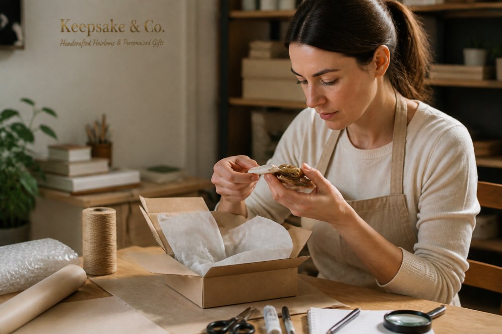 Person carefully unboxing a personalized gift item, examining it closely under good lighting to inspect for damage or defects