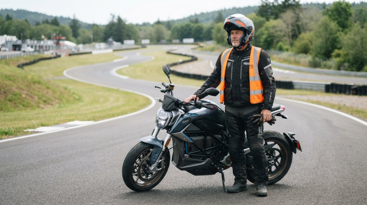 Mature rider in full safety gear standing confidently next to a modern motorcycle on a private circuit, wearing a safety vest and helmet, with calm focused expression