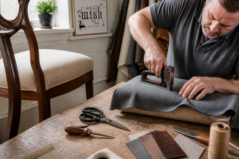 Craftsman using a staple gun to secure new fabric to a dining chair seat pad on a workshop workbench