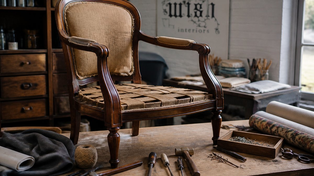 An upholsterer's workshop bench with an antique mahogany armchair partly stripped back, showing the solid wooden frame, traditional webbing and hand tools laid out nearby under warm workshop lighting