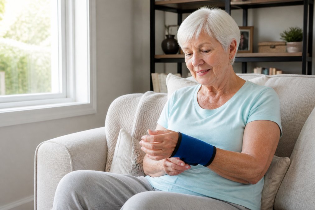 Older adult wearing a cold compression sleeve on their wrist while seated comfortably at home, showing visible relief and comfort on their face with natural window lighting