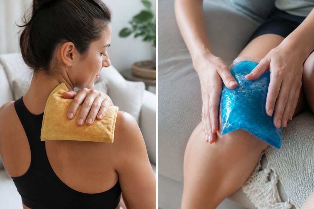 Person applying a warm compress to their shoulder after a workout, demonstrating therapeutic heat application in a home setting with natural lighting