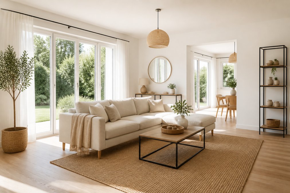 Intérieur lumineux d'un salon élégant avec mobilier moderne épuré, grandes fenêtres laissant entrer la lumière naturelle, décoration neutre et minimaliste mettant en valeur l'espace ouvert et accueillant