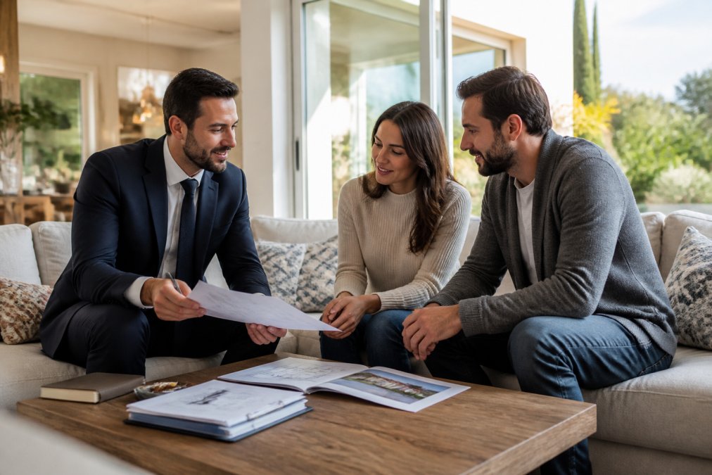 Agent immobilier professionnel en costume discutant avec un couple dans un salon lumineux, montrant des documents de propriété et expliquant les détails du bien, atmosphère de confiance et expertise