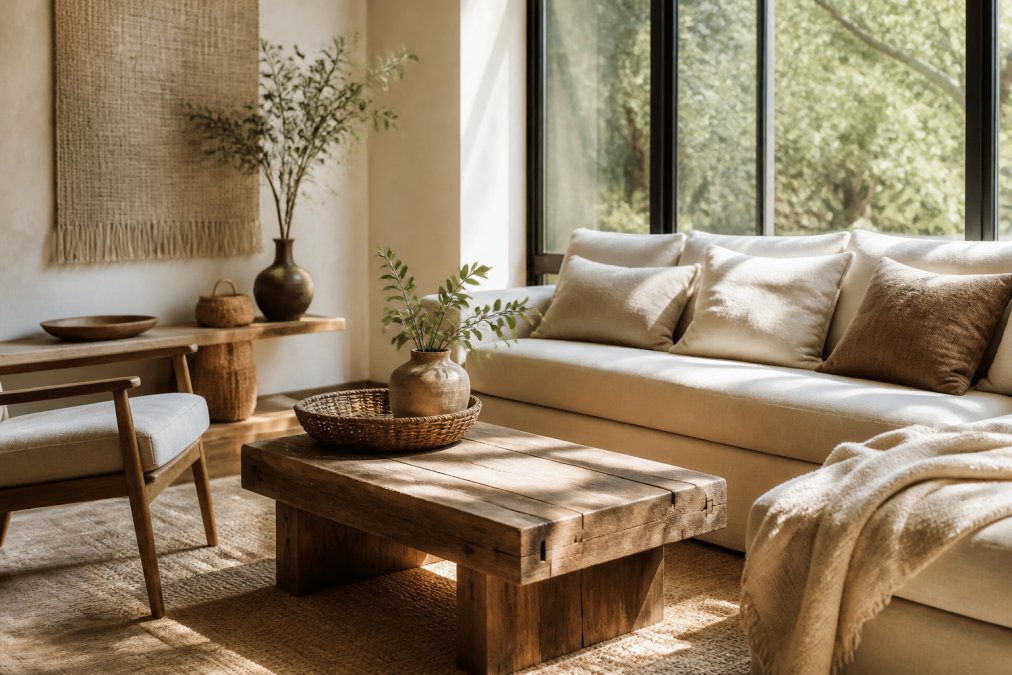 A bright, modern living room featuring a handcrafted wooden coffee table and organic linen textiles in earthy tones, with natural light streaming through a large window