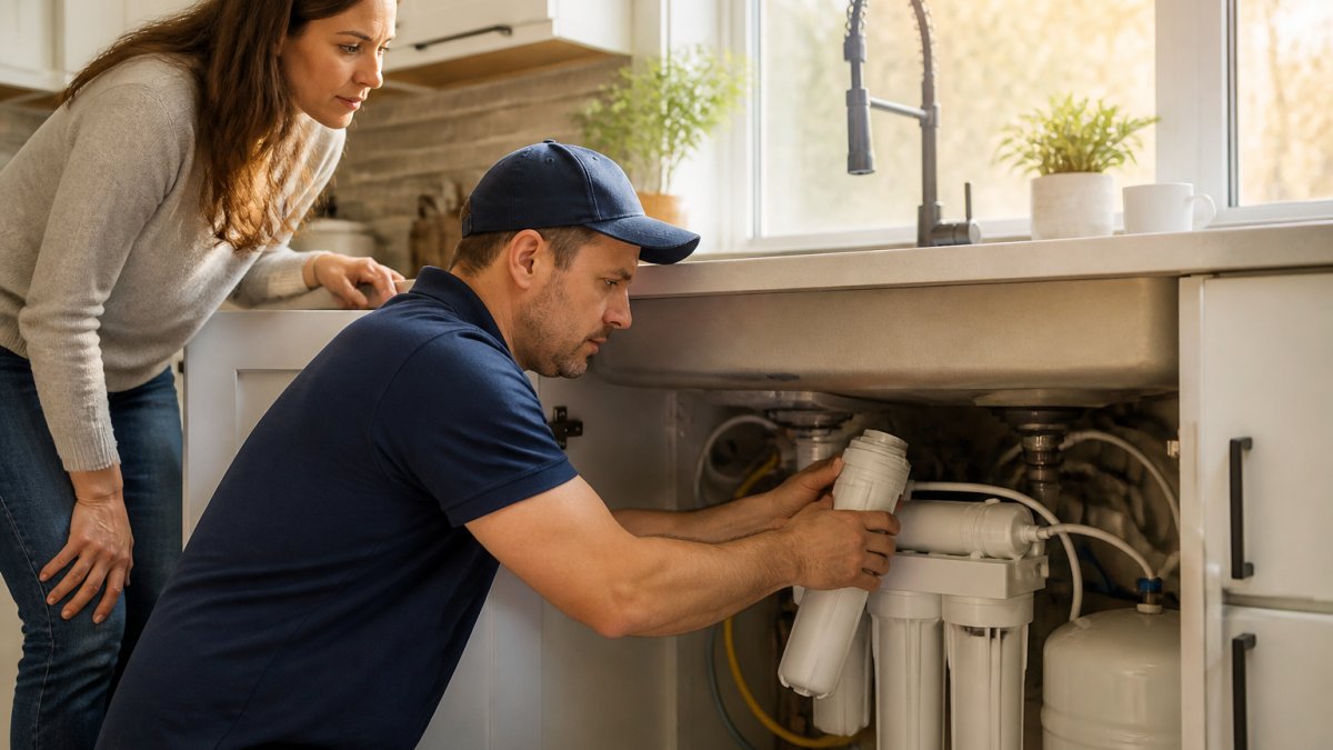 Professional homeowner checking and replacing a reverse osmosis filter cartridge under a kitchen sink with natural lighting
