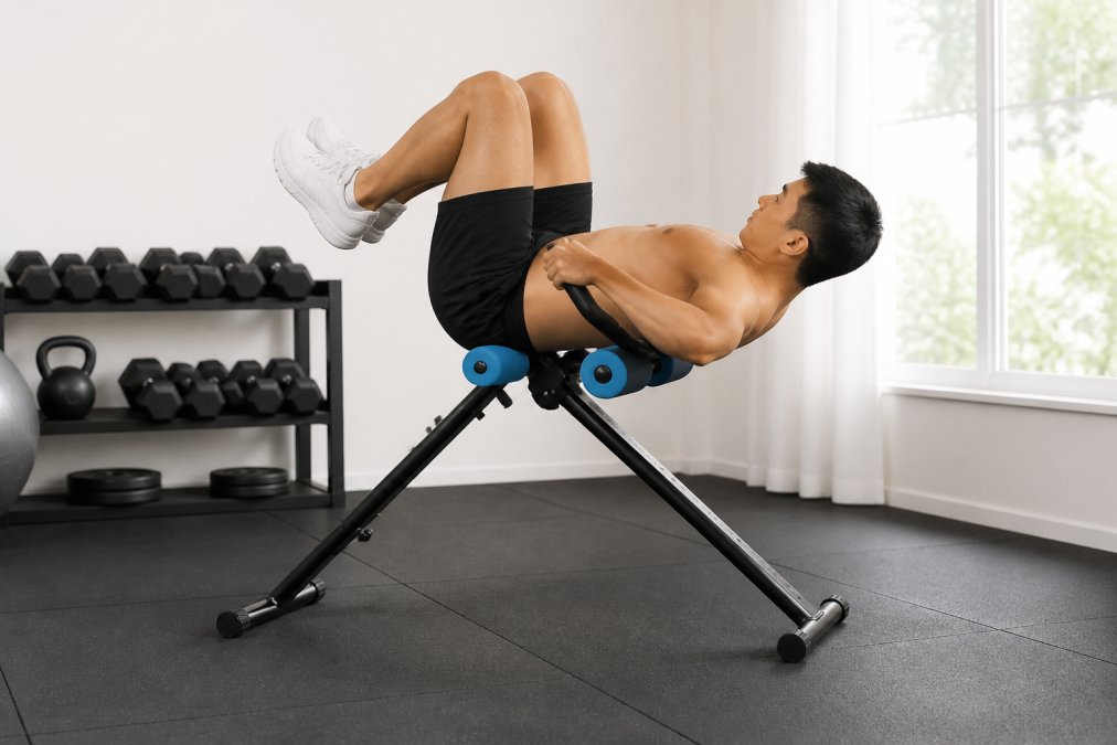 Person performing reverse crunch on adjustable decline bench in home gym setting, showing proper spinal alignment with hips lifted toward chest and hands gripping the reverse crunch handle, with natural window lighting