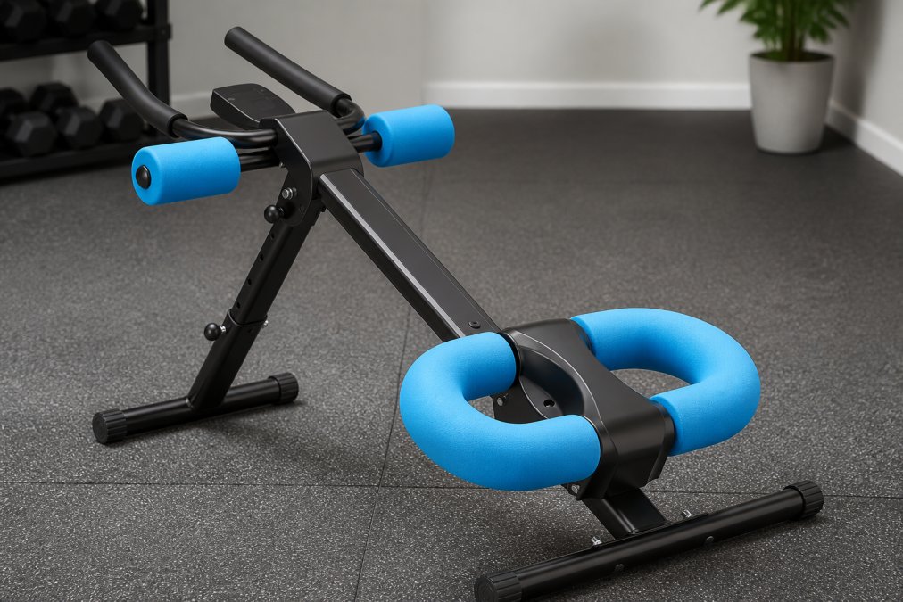 Close-up of reverse sit up bench showing padded backrest with high-density foam, adjustable foot rollers with curved support, reverse crunch handle grip, and steel frame construction in well-lit home gym