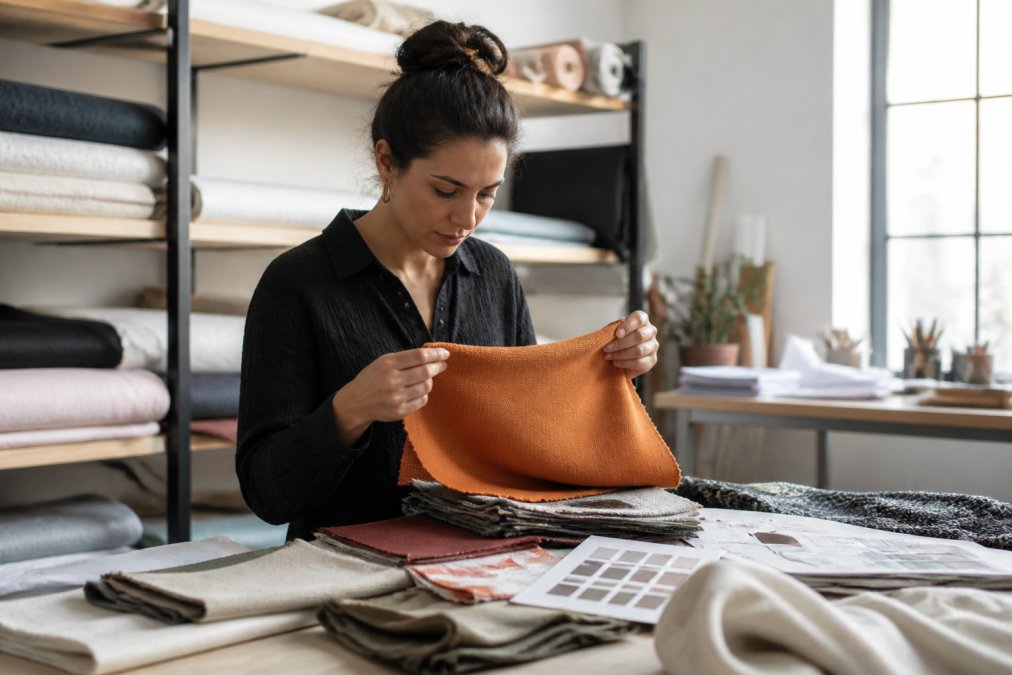 Fabric buyer inspecting a textile swatch in a bright studio during fabric sourcing process
