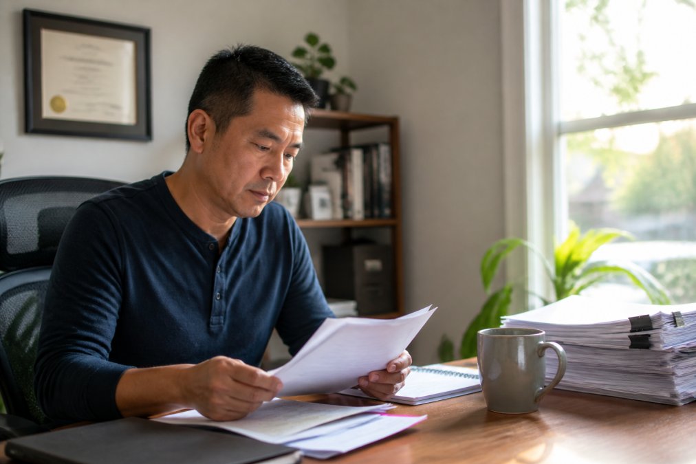 Small business owner reviewing printed compliance documents beside a laptop in a home office, framed business license on the wall, warm afternoon light through a window