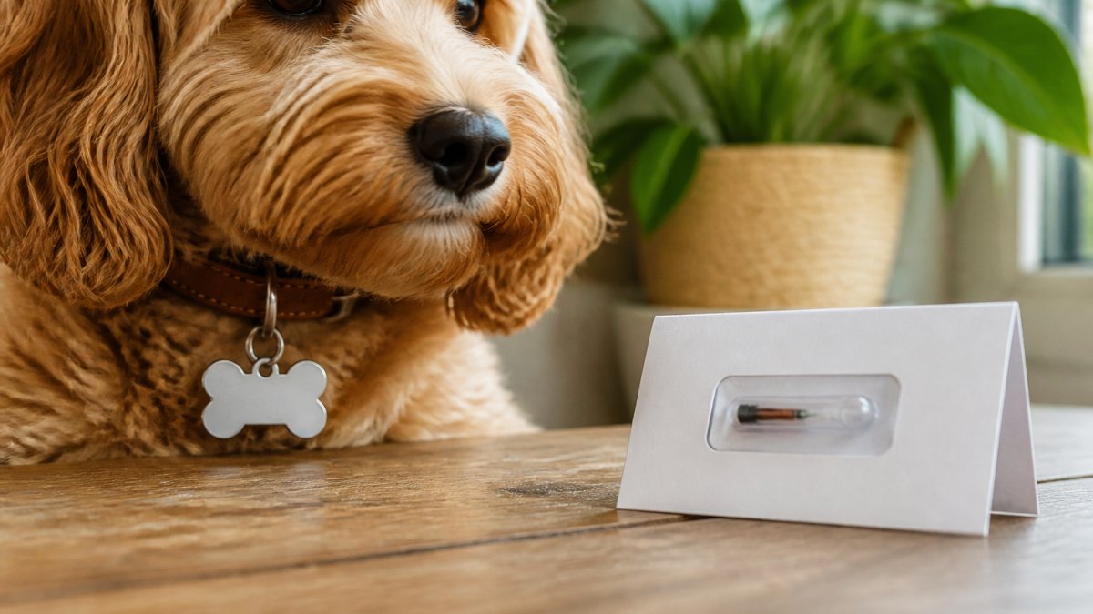 A dog wearing a collar with a bone-shaped engraved ID tag, next to a microchip implant card on a wooden table in natural daylight