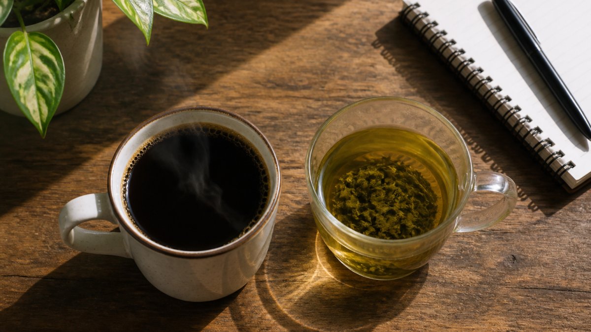 A mug of black coffee and a glass of green tea on a wooden desk with a notebook and pen in soft morning light