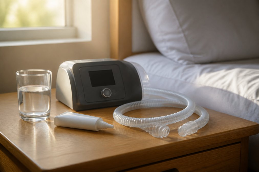 Close-up of a bedside nightstand holding a CPAP machine, a clear tube, a small tube of nasal gel, and a glass of water, soft morning light through a window