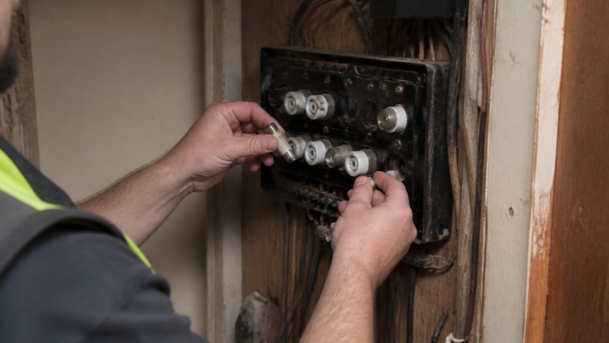 Close-up of an electrician's hands inspecting an old fuse box with ceramic fuses and fabric-insulated wiring in a dim hallway cupboard